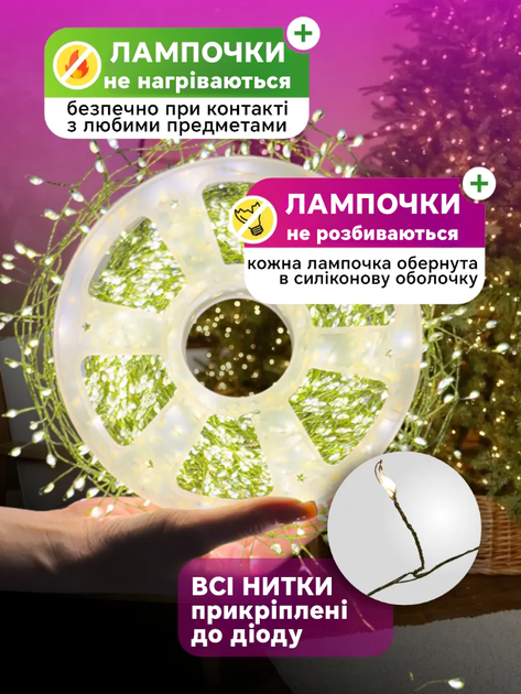 Новогодняя светодиодная гирлянда мишура Капля росы 100м 2000led от сети с пультом Хвойная лапа нить зеленая для елки Теплый - Фото 8 Новогодняя светодиодная гирлянда мишура Капля росы 100м 2000led от сети с пультом Хвойная лапа нить зеленая для елки Теплый - изображение 8