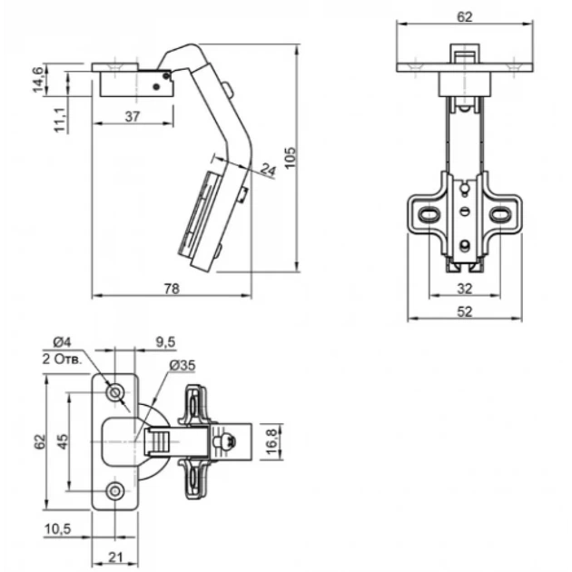 Петля Muller кутова 135° Slide-On D=35мм без доводчика Нікель (MP0043) - изображение 3