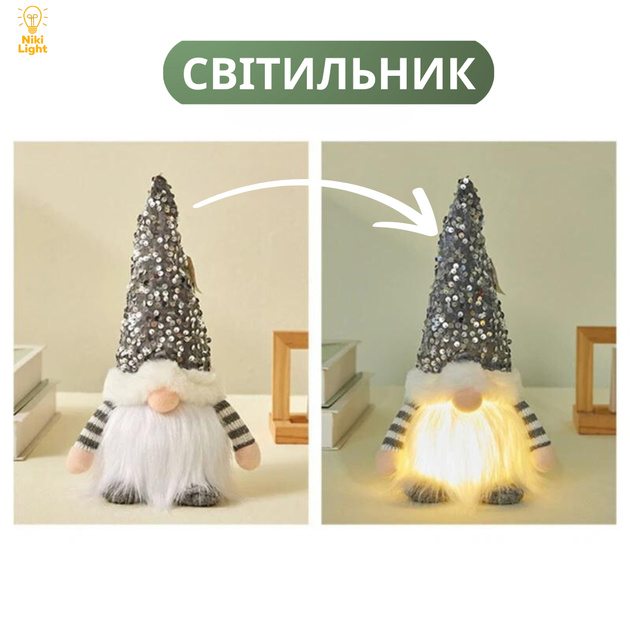 Новогодний гном с подсветкой новогодняя фигурка гном под елку 30см светильник на батарейках гном серый - изображение 2