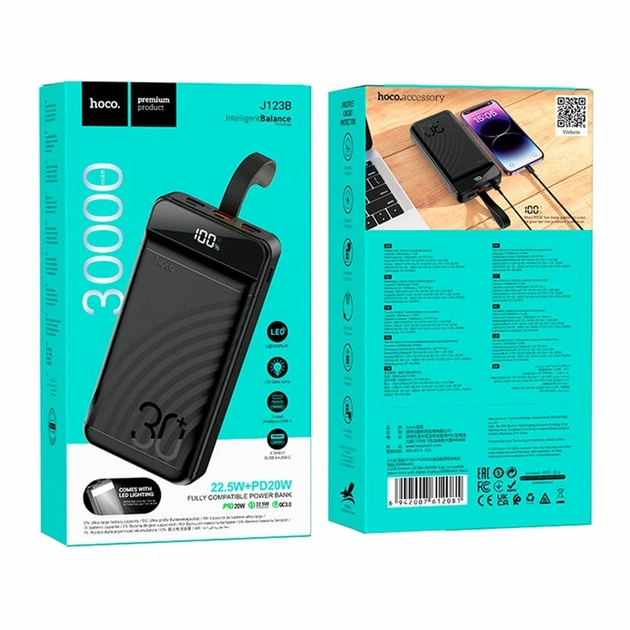 Power bank Hoco J123B 30000mAh PD20W QC3.0 22.5W LCD and LED-lamp чорний - Фото 7 Power bank Hoco J123B 30000mAh PD20W QC3.0 22.5W LCD and LED-lamp чорний - изображение 7