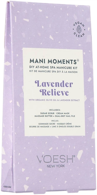 Набір доглядової косметики для рук та нігтів Voesh Mani Moments Lavender Relieve Цукровий скраб 10 г + Кремова маска 10 г + Масажне масло 7 г + Пилка для нігтів (818463023043) - зображення 1