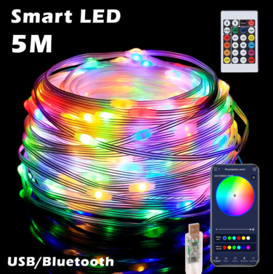 Умная гирлянда Росса от USB, 5м, Bluetooth+Пульт, Разноцветная / Смарт гирлянда на елку / Гирлянда для дома - Фото 1 Умная гирлянда Росса от USB, 5м, Bluetooth+Пульт, Разноцветная / Смарт гирлянда на елку / Гирлянда для дома - изображение 1