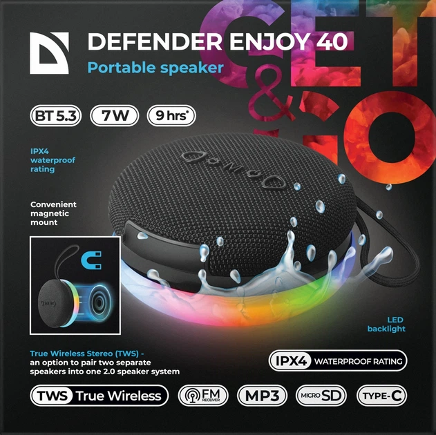 Głośnik przenośny Defender Enjoy 40 LED 7W bluetooth Black (4745091890319) - obraz 9