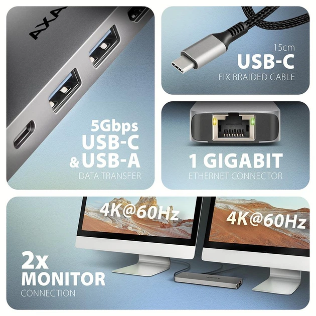 USB-хаб Axagon HMC-7HX2 USB-C 5Gbps DUAL 4K Display 7in1 hub Grey - зображення 5