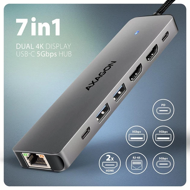 USB-хаб Axagon HMC-7HX2 USB-C 5Gbps DUAL 4K Display 7in1 hub Grey - зображення 7