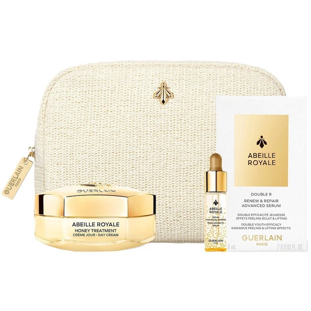 Набір для догляду за обличчям Guerlain Abeille Royale денний крем 50 мл + олійна сироватка Youth Watery 5 мл + сироватка для обличчя Renew & Repair 7 x 0.6 мл + косметичка (3346470620469) - зображення 1