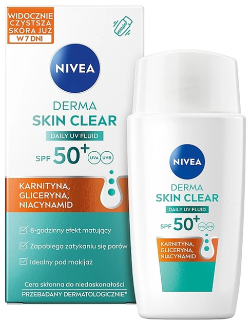 Fluid do opalania Nivea Derma Skin Clear Daily uv Fluid Filter Spf 50+ 40 ml (5900017100005) - obraz 1