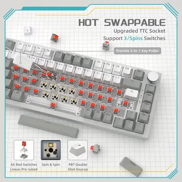 Механическая клавиатура Ajazz AK820 Red Switch, бело-серая, белая подсветка, Hot-Swap, 75% формат, проводная - изображение 7