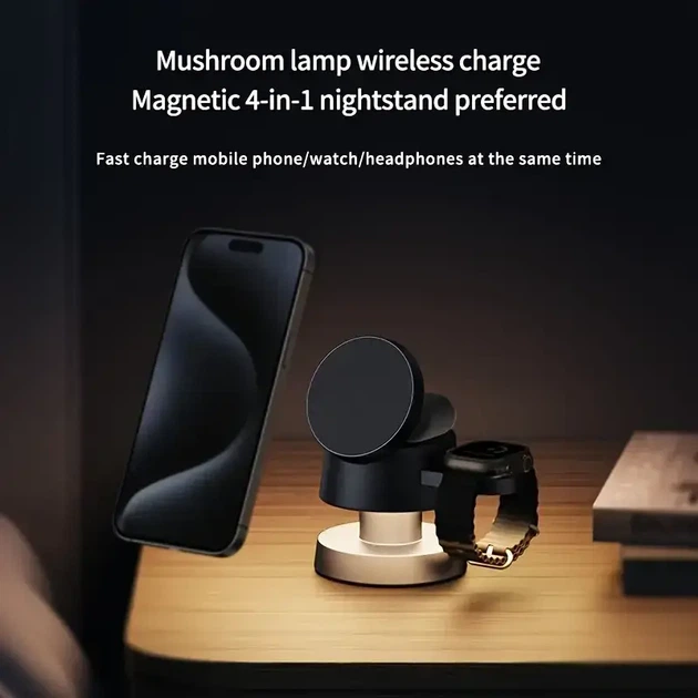 Беспроводная зарядка 4 в 1 15W Strong Magnet | Магнитная станция для iPhone, Apple Watch, AirPods | LED ночник | Черная - изображение 7