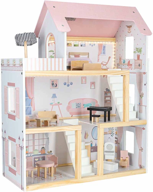 Domek dla lalek KIK drewniany Mebelki 78 cm Różowy LED (5903039763432) - obraz 2