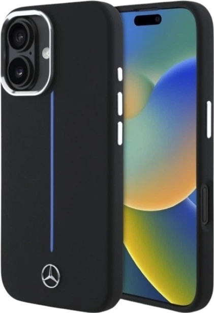 Etui Mercedes-Benz Silicone Blue Stripe MagSafe do Apple iPhone 16 Black (MEHMP16S23SUMBK) - obraz 1
