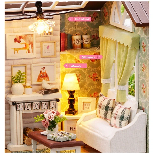 Domek dla lalek Cuteroom drewniany Salon Model do Złożenia LED 8008-A 20.6 cm (5903039761131) - obraz 2