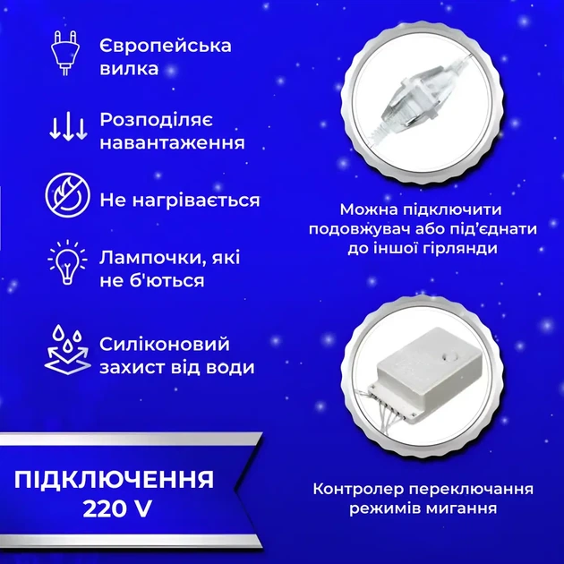 Гирлянда роса штора 3х3 метра 10 нитей 200 LED синий гирлянда штора на окно 8 режимов прозрачный провод - Фото 3 Гирлянда роса штора 3х3 метра 10 нитей 200 LED синий гирлянда штора на окно 8 режимов прозрачный провод - изображение 3
