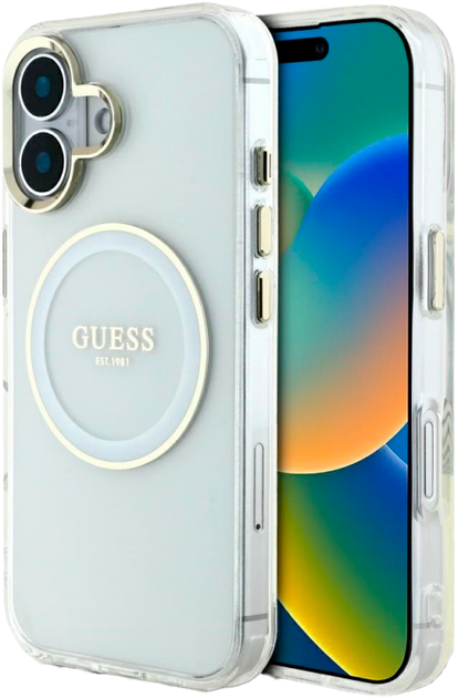 Etui Guess IML Metal Colored Circle Classic Logo MagSafe do Apple iPhone 16 Transparent/White  (3666339428877) - obraz 1