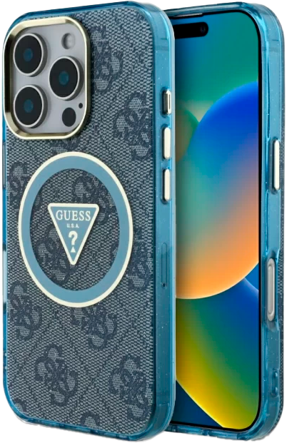 Etui Guess IML Metal Glitter 4G Circle Triangle MagSafe do Apple iPhone 16 Pro Blue (3666339430382) - obraz 1