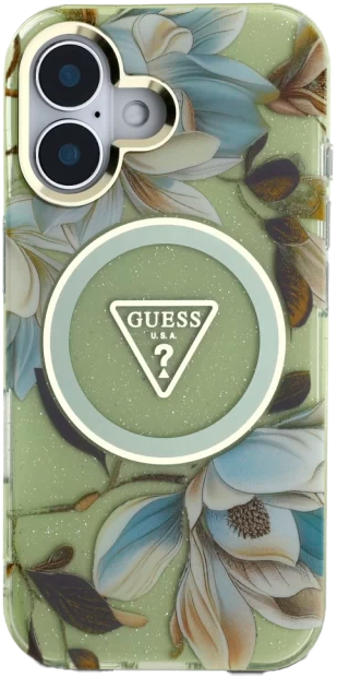 Etui Guess Glitter Flowers Triangle Buttons MagSafe do Apple iPhone 16 Green (3666339430665) - obraz 3
