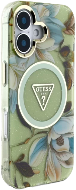 Etui Guess Glitter Flowers Triangle Buttons MagSafe do Apple iPhone 16 Green (3666339430665) - obraz 4