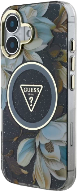 Etui Guess Glitter Flowers Triangle Buttons MagSafe do Apple iPhone 16 Black (3666339430818) - obraz 2