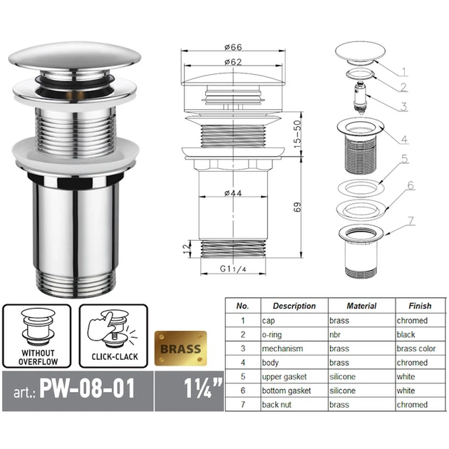 Донный клапан для раковины Koer PW-08-01 1 1/4'' без перелива автоматический СLICK-СLACK (Цвет хром ) (KR5786) - изображение 10