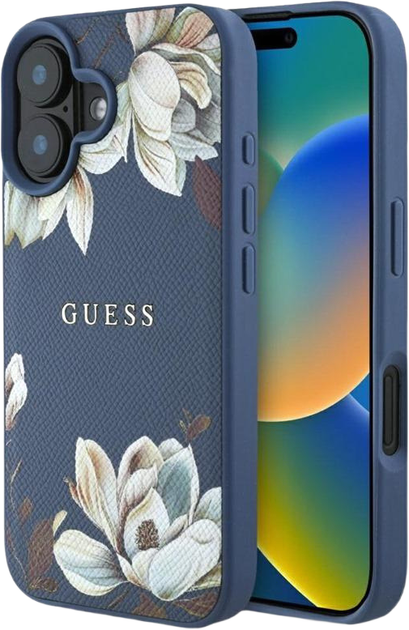 Etui Guess Grained Printed Flower Pattern MagSafe do Apple iPhone 16 Blue (3666339426026) - obraz 1