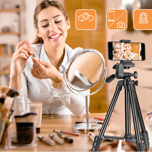 Підлоговий штатив для телефону Tripod 3388 з Bluetooth-пультом 140 см алюмінієвий для фото та відеозйомки трипод чорний - зображення 2