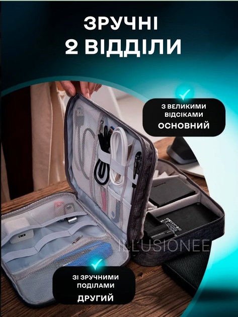 Органайзер дорожній сумка для зберігання електроніки аксесуарів ґаджетів кабелів зарядних пристроїв флешок перехідників павербанків навушників смартфонів комп’ютерних мишей подорожей 2-х секційний з 5 тримачами для проводів 27х20х10 см сірий 3DTOYSLAMP - зображення 5