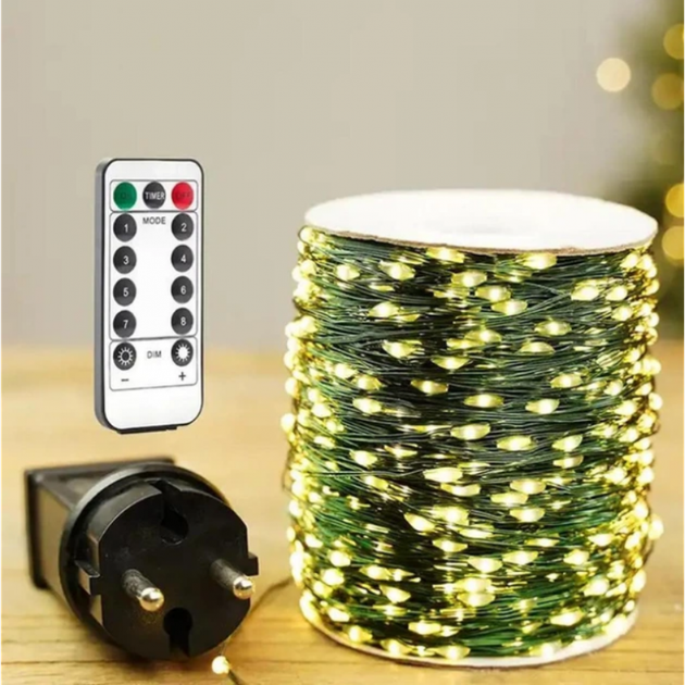 Светодиодная LED гирлянда "Роса" уличная LumiBeam с пультом и таймером 120м 1200 Led теплый белый цвет 8 режимов зеленая проволока от сети - Фото 6 Светодиодная LED гирлянда "Роса" уличная LumiBeam с пультом и таймером 120м 1200 Led теплый белый цвет 8 режимов зеленая проволока от сети - изображение 6