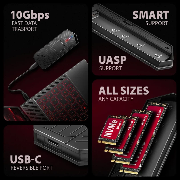 Zewnętrzna kieszeń Axagon EEM2-GAM USB-C 10Gbps - M.2 NVMe & SATA SSD GAME M.2 Black - obraz 6