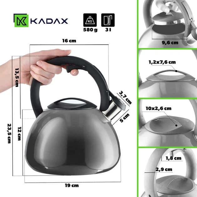 Чайник сталевий Kadax Mores K4064 зі свистком  Сірий 2.6 л (5903699430910) - зображення 2