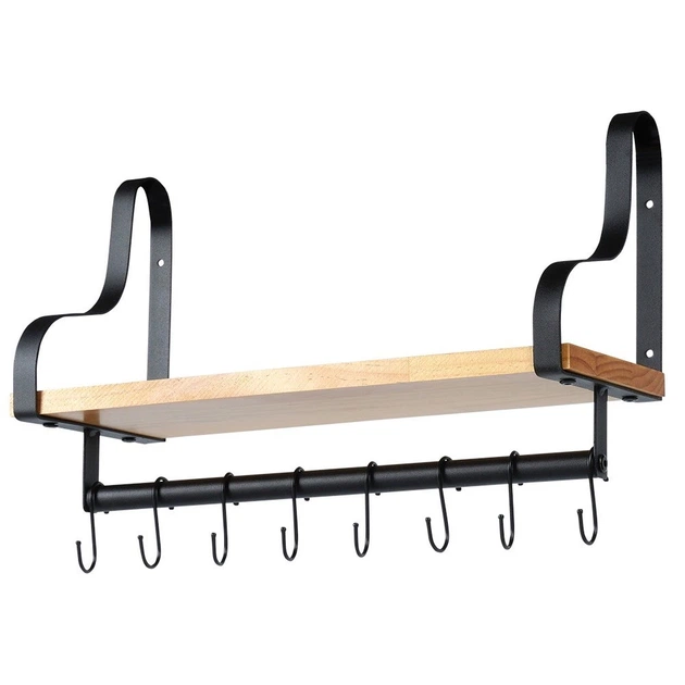 Półka ścienna Vilde 569824 z relingiem i haczykami drewniana 43 x 18 x 26 cm (5904316472771) - obraz 2