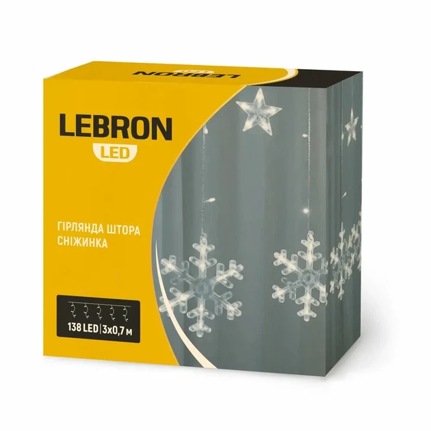 Гірлянда новорічна штора 3м*0.7м сніжинка 138LED жовта Lebron (15-18-95) - Фото 1 Гірлянда новорічна штора 3м*0.7м сніжинка 138LED жовта Lebron (15-18-95) - изображение 1