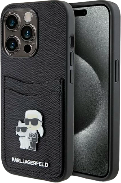 Etui Karl Lagerfeld Saffiano Cardslot Karl&Choupette Metal Pin do Apple iPhone 15 Pro Black (KLHCP15LSAPKCNPK) - obraz 1