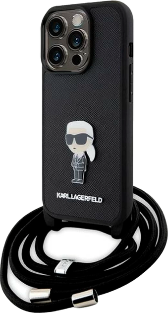 Etui Karl Lagerfeld Crossbody Saffiano Monogram Metal Pin Karl & Choupette do Apple iPhone 15 Pro Czarny (KLHCP15LSASKNPSK) - obraz 1