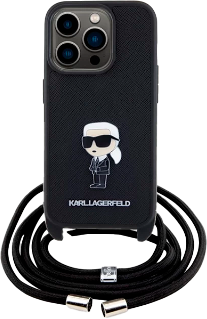 Etui Karl Lagerfeld Crossbody Saffiano Monogram Metal Pin Karl & Choupette do Apple iPhone 15 Pro Czarny (KLHCP15LSASKNPSK) - obraz 2