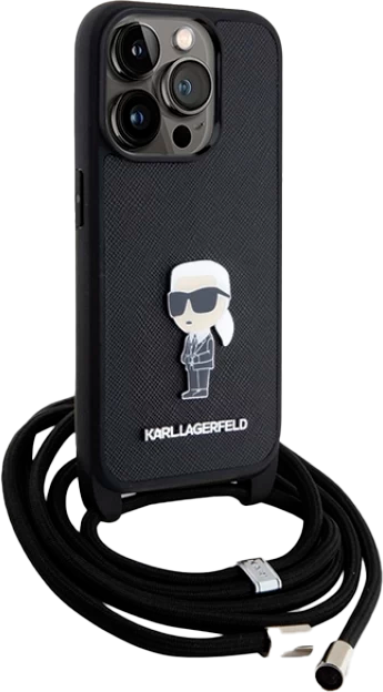 Etui Karl Lagerfeld Crossbody Saffiano Monogram Metal Pin Karl & Choupette do Apple iPhone 15 Pro Czarny (KLHCP15LSASKNPSK) - obraz 3