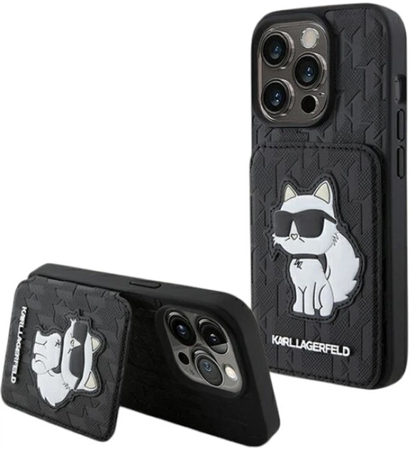 Панель Karl Lagerfeld Saffiano Cardslots and Stand Monogram Choupette для Apple iPhone 15 Pro Black (KLHCP15LSAKCNSCK) - зображення 1