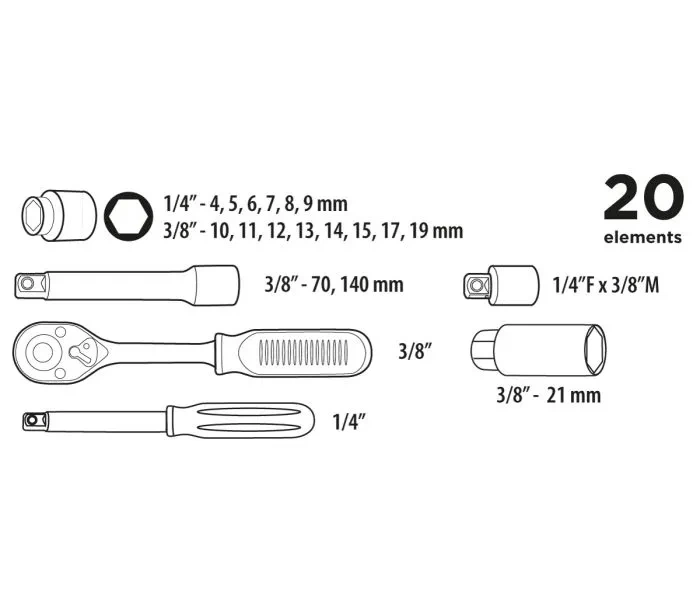 Набір інструментів Top Tools, набір торцевих головок 1/4", 3/8", 20шт (00126291) - Фото 2 Набір інструментів Top Tools, набір торцевих головок 1/4", 3/8", 20шт (00126291) - изображение 2