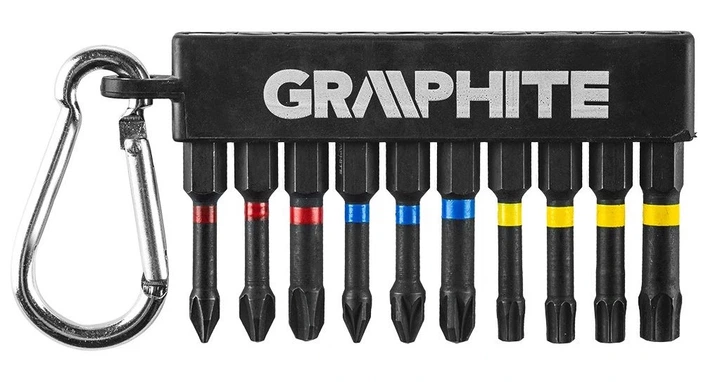 Біти GRAPHITE, набір 10шт, 1/4", ударні, PH,PZ,TX, 50мм, сталь S2, карабін (00124172) - Фото 1 Біти GRAPHITE, набір 10шт, 1/4", ударні, PH,PZ,TX, 50мм, сталь S2, карабін (00124172) - изображение 1