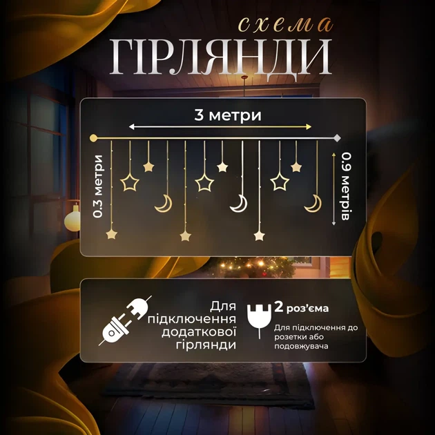 Новорічна гірлянда зірки та місяць 3 метри мультиколор гірлянда штора на вікно світлодіодна гірлянда зірки - зображення 3