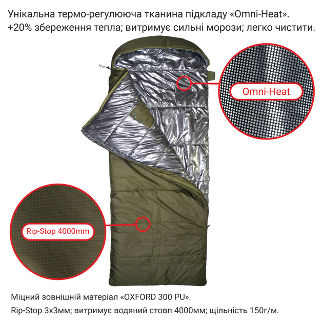 Спальный мешок одеяло с капюшоном размер XL 220х80см -25C теплый зимний тактический армейский спальник, хаки левый - изображение 6
