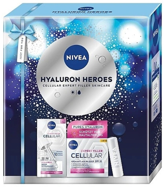 Набір для догляду за обличчям Nivea Hyaluron Heroes Бальзам для губ 4.8 г + Крем денний  SPF30 50 мл + Сироватка для обличчя 30 мл (9005800394992) - зображення 1