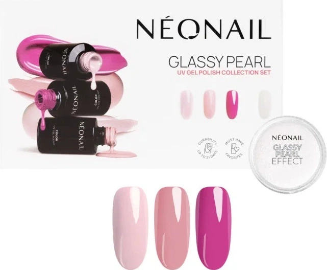 Zestaw lakierów hybrydowych do paznokci Neonail Glassy Pearl Pink Essence 3 ml + Rosy Moment 3 ml + Marshmallow Vibes 3 ml + Pyłek do paznokci Glassy Pearl Effect 1 szt (5904553697401) - obraz 1