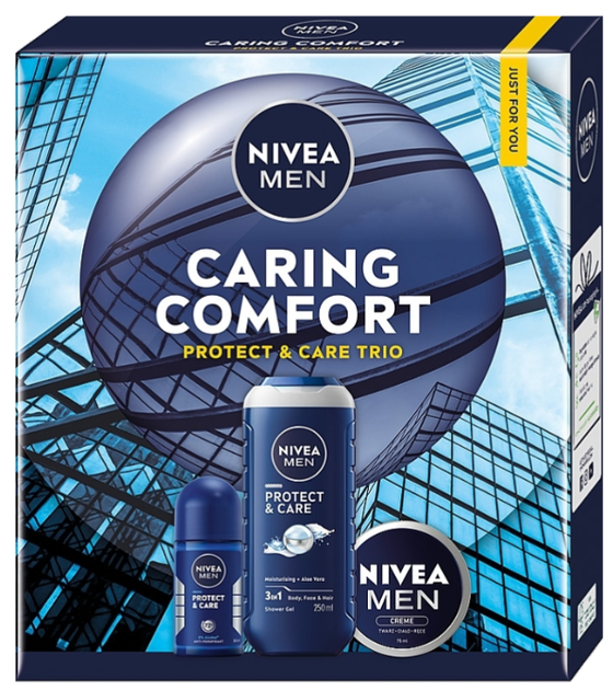 Набір для догляду за тілом Nivea Men Caring Comfort 2025 Гель для душу 250 мл + Антиперспірант кульковий 50 мл + Крем універсальний 75 мл (9005800393353) - зображення 1