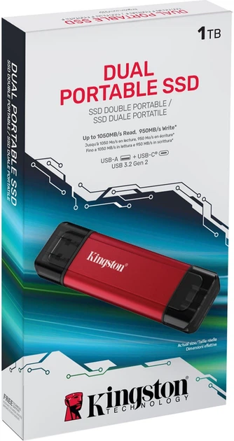 Портативний SSD Kingston 1TB USB 3.2 Gen 2 Dual USB-A R1050/W950MB/s - изображение 4