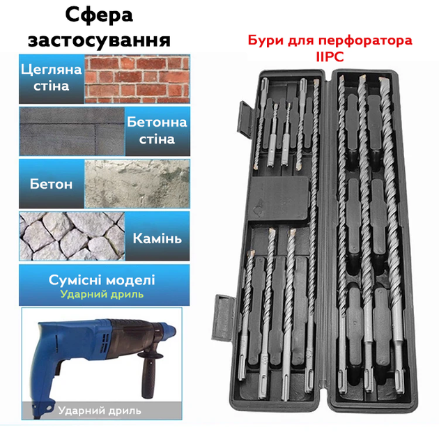 Набір бурів SDS Plus твердосплавних для бетону 5–20 мм 11 шт у кейсі (3_07780) - Фото 5 Набір бурів SDS Plus твердосплавних для бетону 5–20 мм 11 шт у кейсі (3_07780) - зображення 5