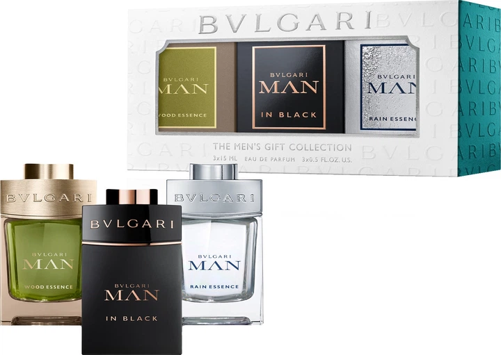 Zestaw miniatur męskich Bvlgari Miniatures Collection Woda perfumowana Man Wood Essence 15 ml + Woda perfumowana Man In Black 15 ml + Woda perfumowana Man Rain Essence 15 ml (783320422423) - obraz 1