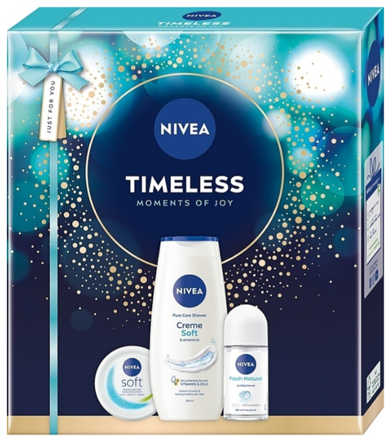Zestaw kosmetyków do pielęgnacji ciała Nivea Timeless Antyperspirant roll-on Original Care 50 ml + Krem Soft nawilżający 100 ml + Żel pod prysznic Creme Soft 250 ml (9005800395357) - obraz 1