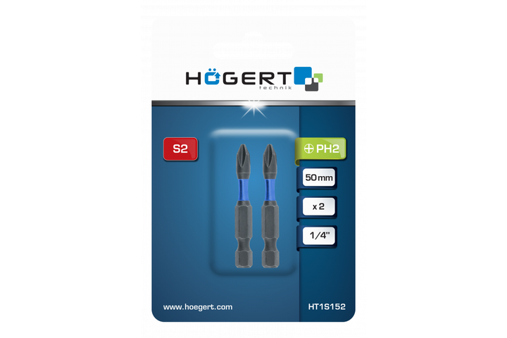 Биты ударные PH2 50мм сталь S2 2 шт Hogert (HT1S152) - зображення 2