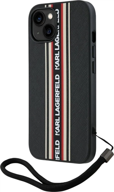 Etui plecki Karl Lagerfeld Saffiano Athleisure Stripes Cord do Apple iPhone 15 Black/Red (3666339254605) - obraz 2