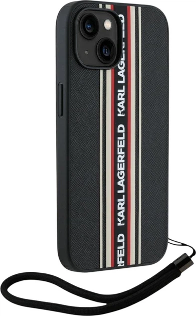 Etui plecki Karl Lagerfeld Saffiano Athleisure Stripes Cord do Apple iPhone 15 Black/Red (3666339254605) - obraz 3